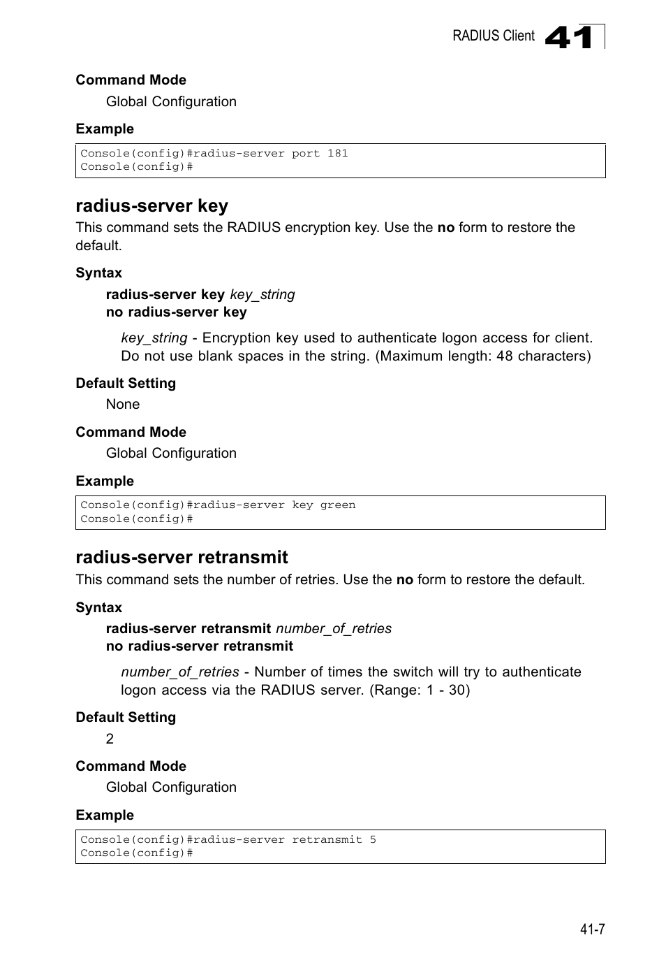 Radius-server key, Radius-server retransmit | Accton Technology Direk Tronik ES4524D User Manual | Page 359 / 588