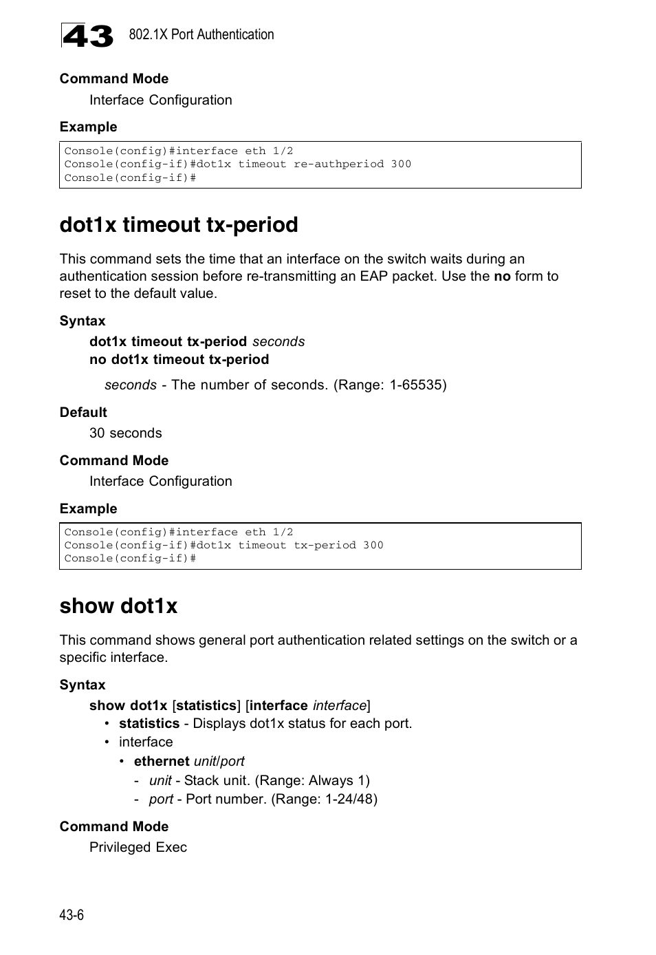 Dot1x timeout tx-period, Show dot1x | Accton Technology Direk Tronik ES4524D User Manual | Page 386 / 588