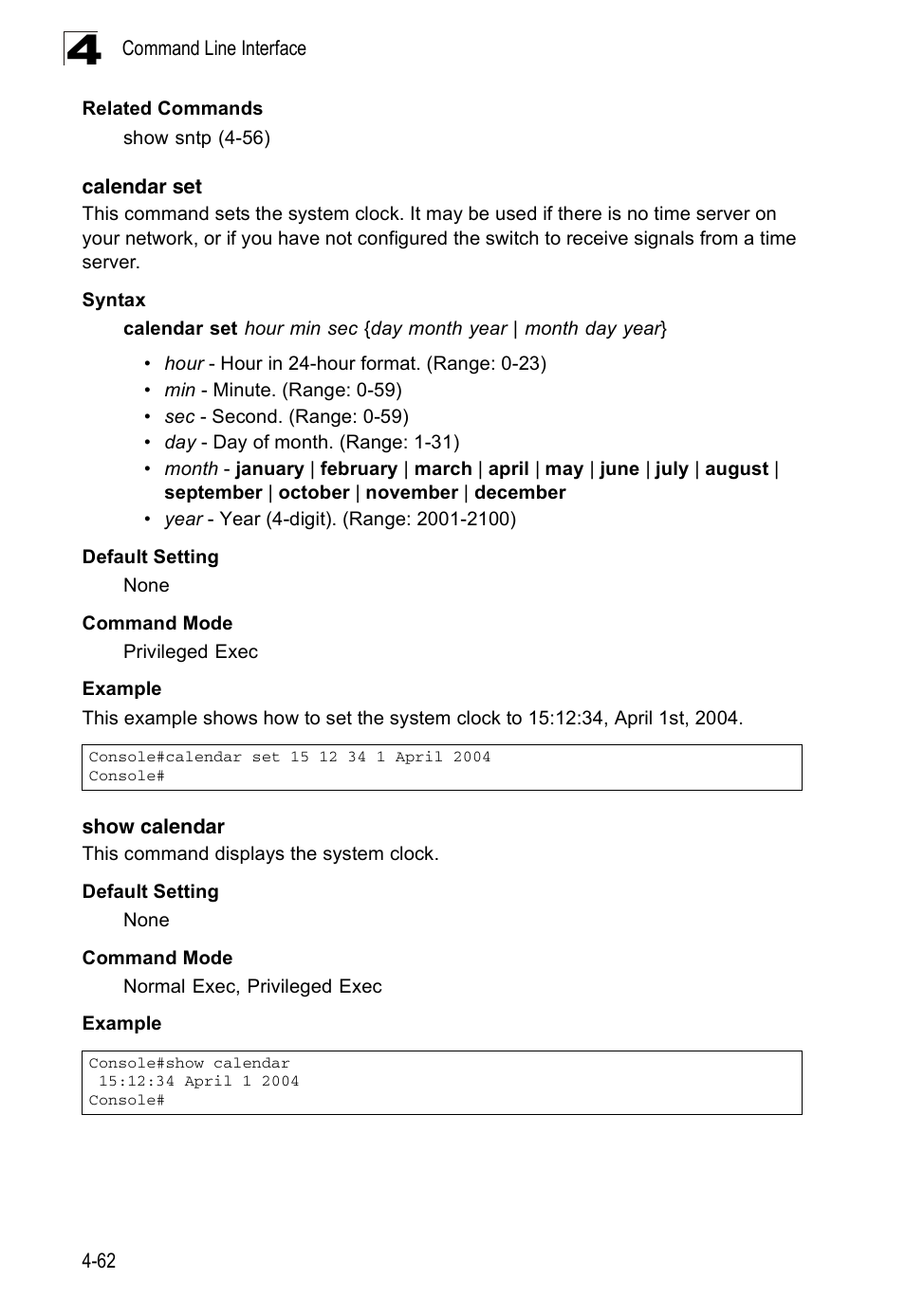 Calendar set, Show calendar | Accton Technology ES3526XA User Manual | Page 304 / 512