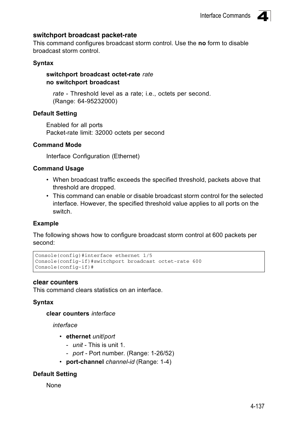 Switchport broadcast packet-rate, Clear counters | Accton Technology ES3526XA User Manual | Page 379 / 512