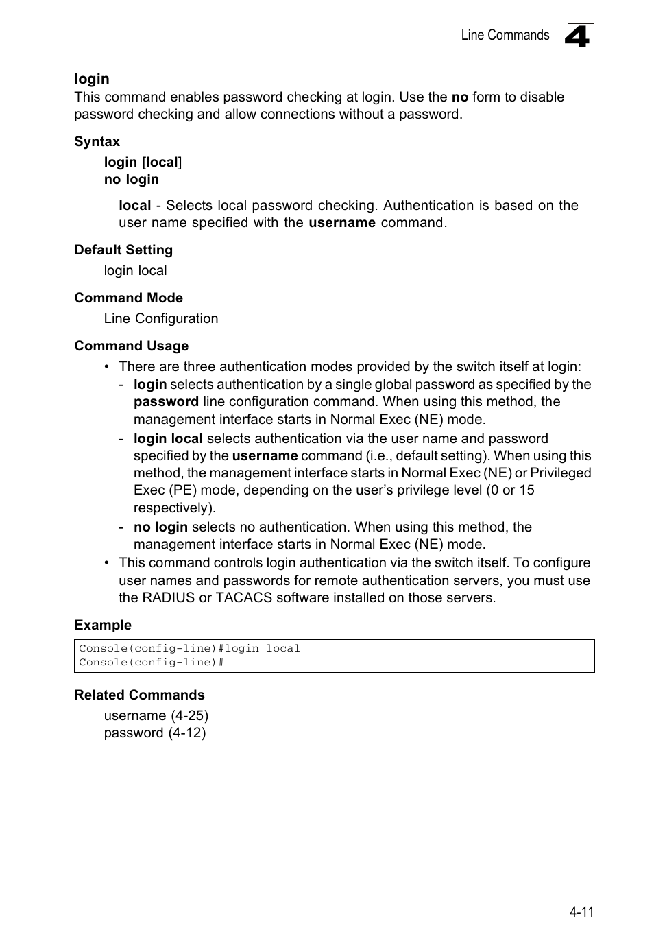 Login, Login 4-11 | Accton Technology ES5508 User Manual | Page 223 / 446