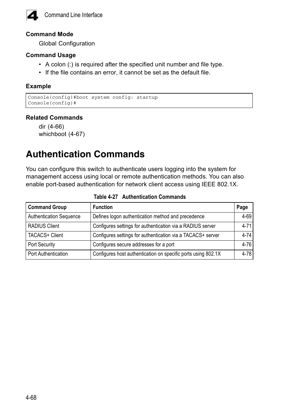 Authentication commands, Table 4-27 | Accton Technology ES5508 User Manual | Page 280 / 446