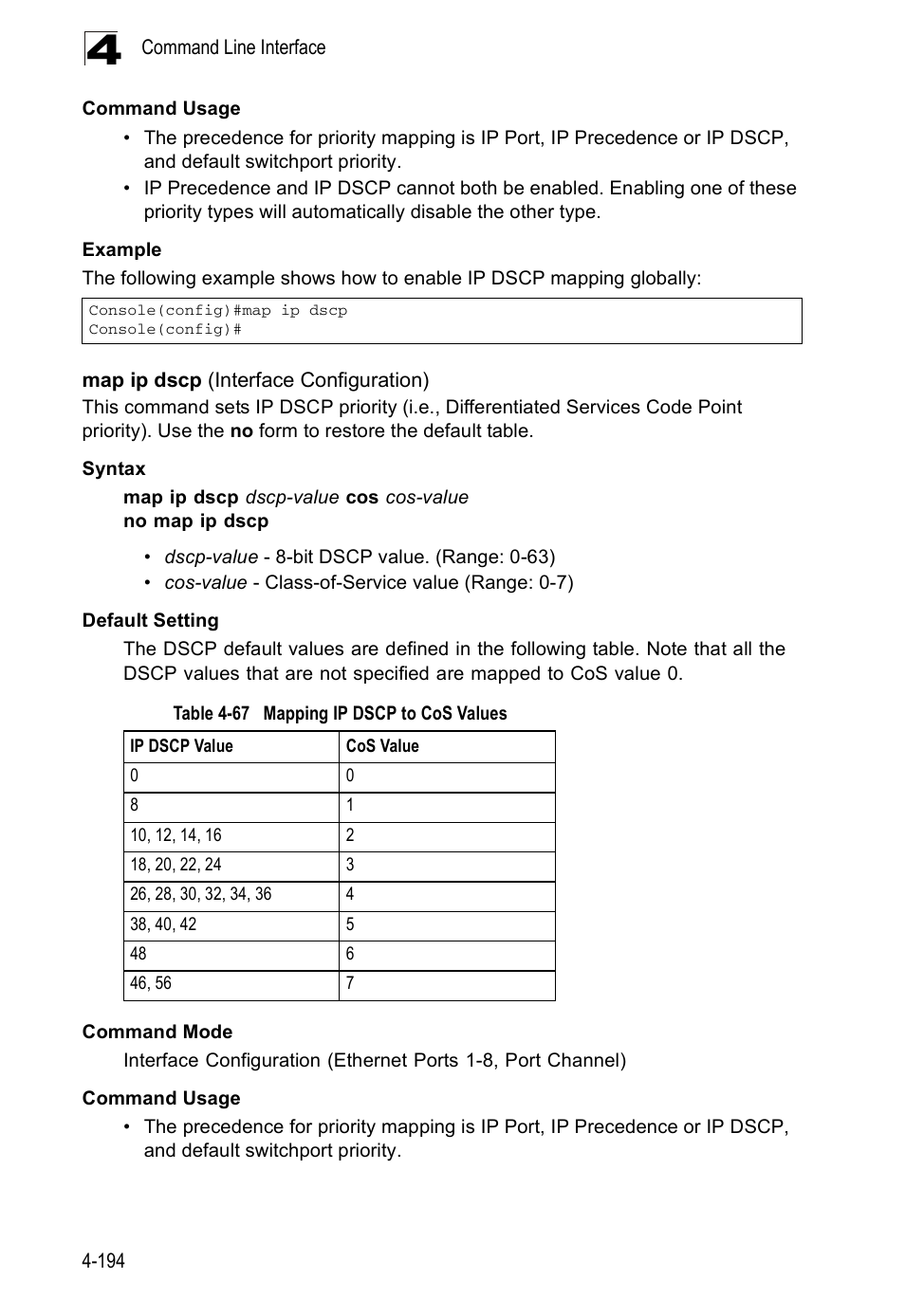 Map ip dscp (interface configuration), Table 4-67, Mapping ip dscp to cos values | Accton Technology ES5508 User Manual | Page 406 / 446