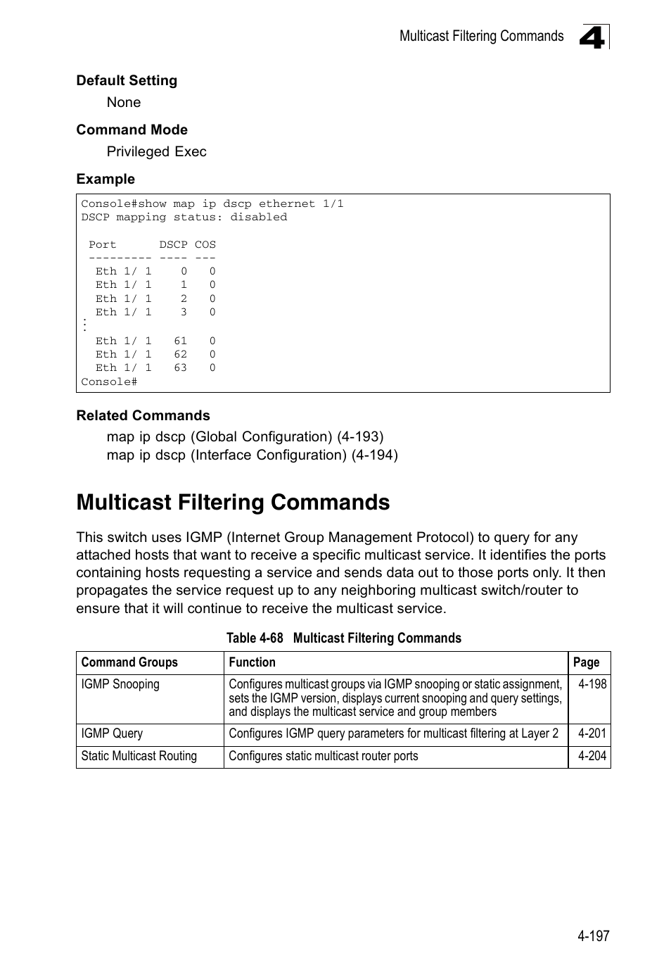 Multicast filtering commands, Table 4-68 | Accton Technology ES5508 User Manual | Page 409 / 446