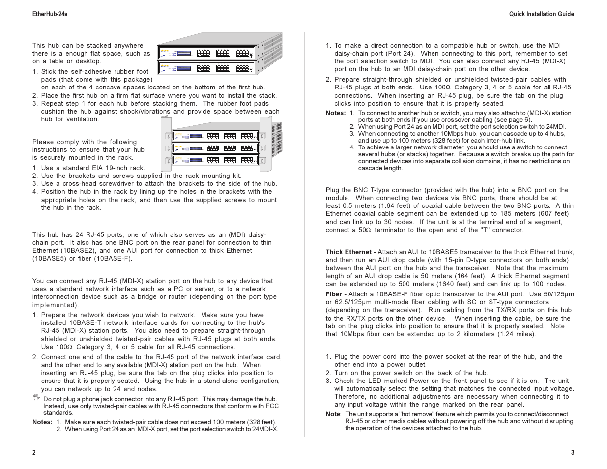 Stacking hubs on a flat surface, Mounting hubs in a rack, Connecting the hub system | Making a connection via an mdi-x station port, Making a connection via the mdi daisy-chain port, Making a connection to the bnc port, Making a connection to the aui port, Powering on the hub | Accton Technology ETHERHUB 24S User Manual | Page 4 / 7