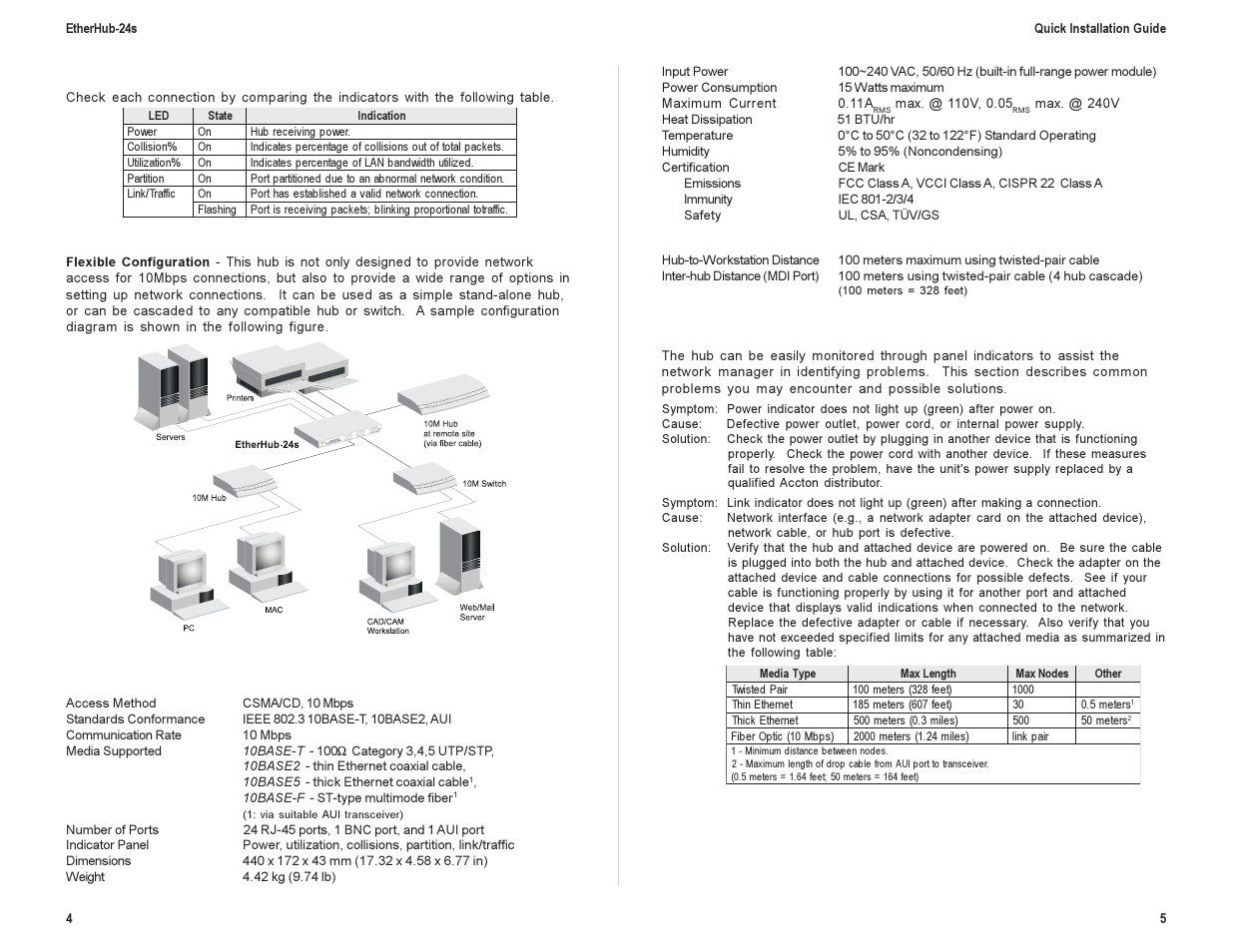 Verifying hub status, Applications, Product specifications | Base unit, Network criteria, Troubleshooting, Diagnosing hub indicators | Accton Technology ETHERHUB 24S User Manual | Page 5 / 7