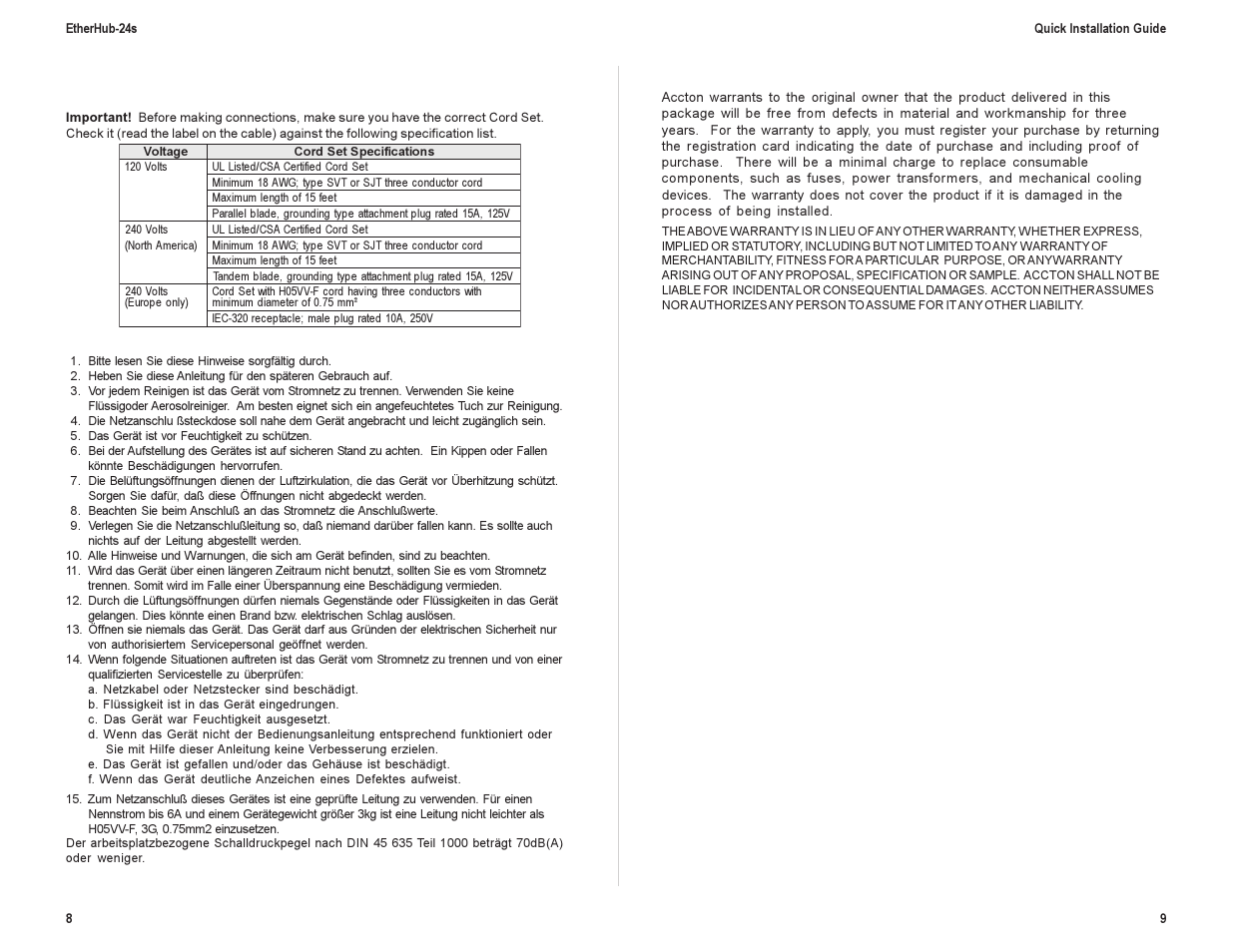 Safety compliance, Underwriters laboratories inc. (usa), Wichtige sicherheitshinweise (germany) | Accton Technology ETHERHUB 24S User Manual | Page 7 / 7
