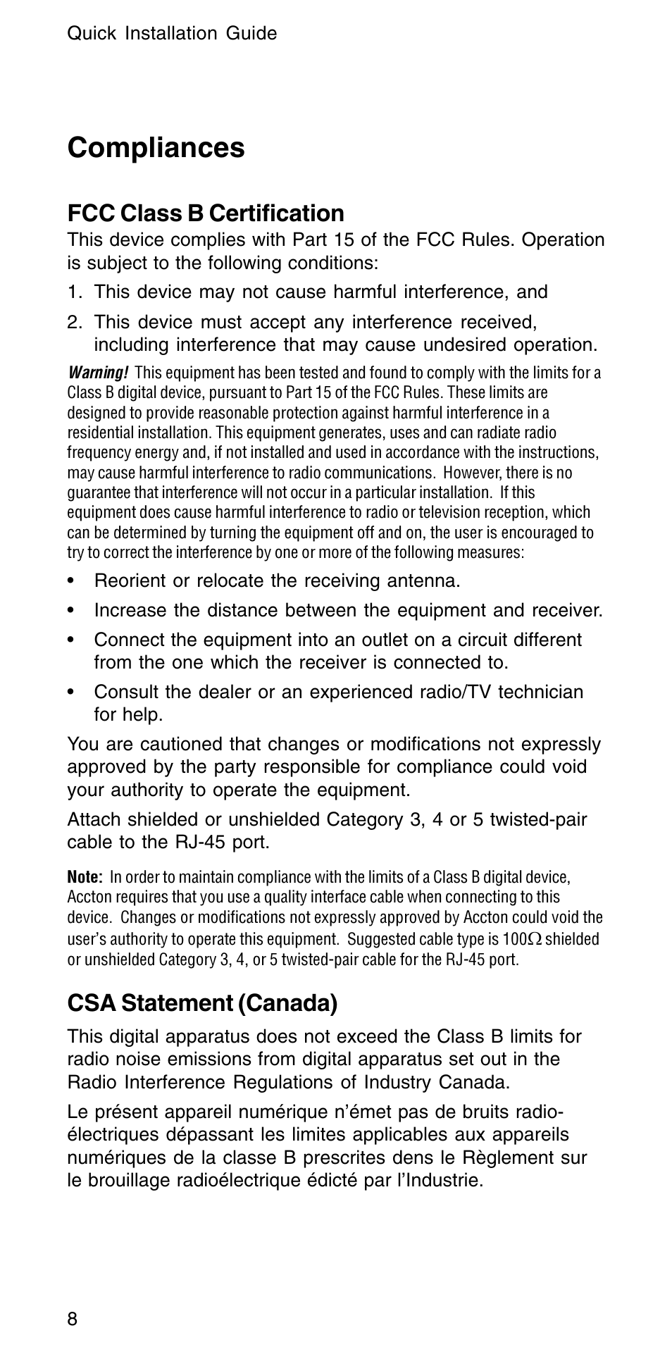 Compliances, Fcc class b certification, Csa statement (canada) | Accton Technology CHEETAH PCI ADAPTER EN1207D-TX User Manual | Page 10 / 14