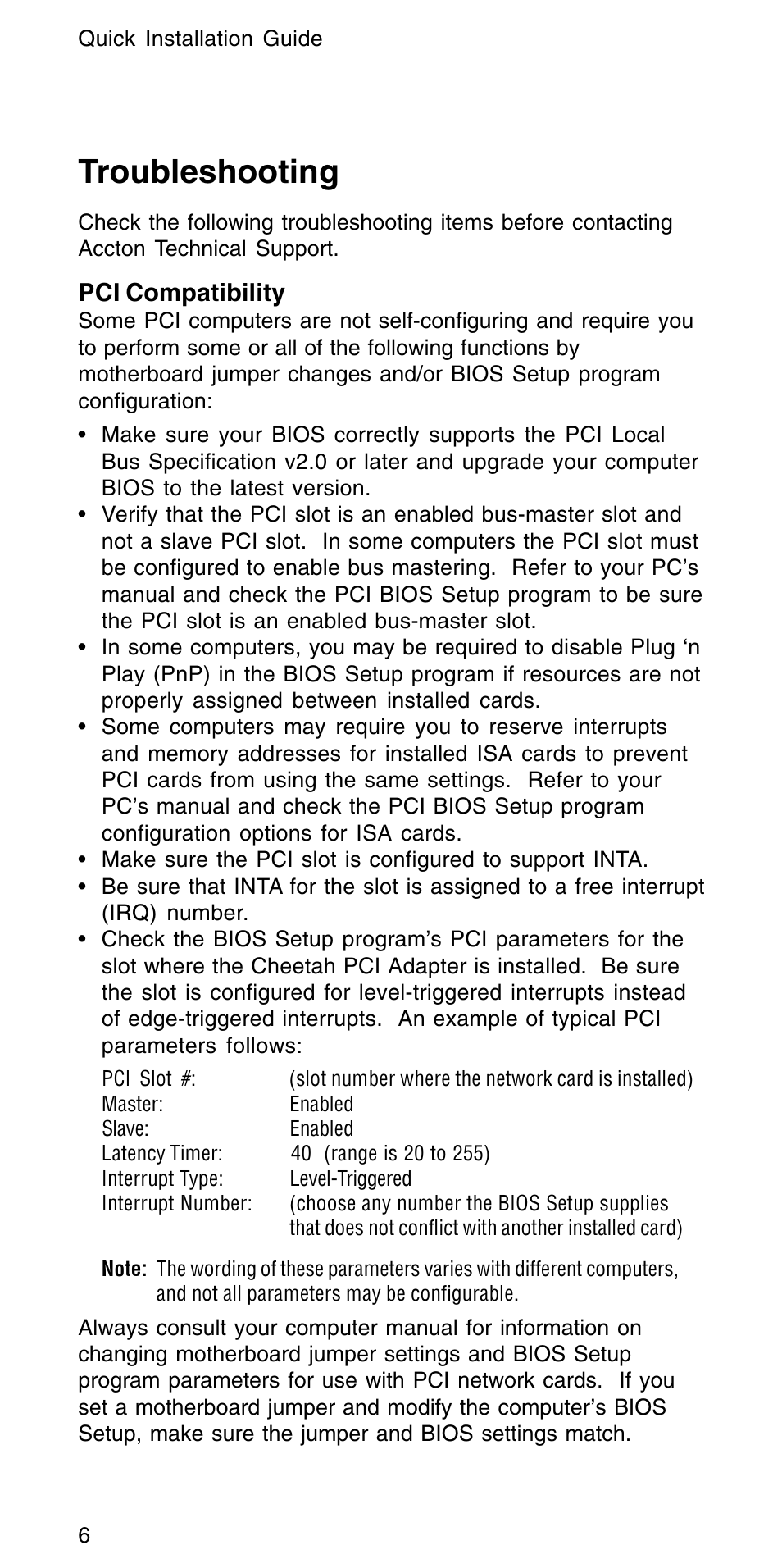 Troubleshooting | Accton Technology CHEETAH PCI ADAPTER EN1207D-TX User Manual | Page 8 / 14