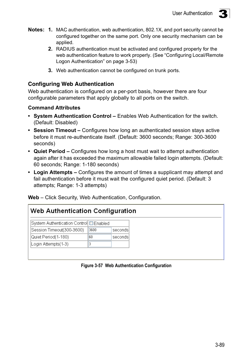 Configuring web authentication, Figure 3-57, Web authentication configuration | Accton Technology Edge-corE Fast Ethernet Switch ES3528M-SFP User Manual | Page 139 / 644