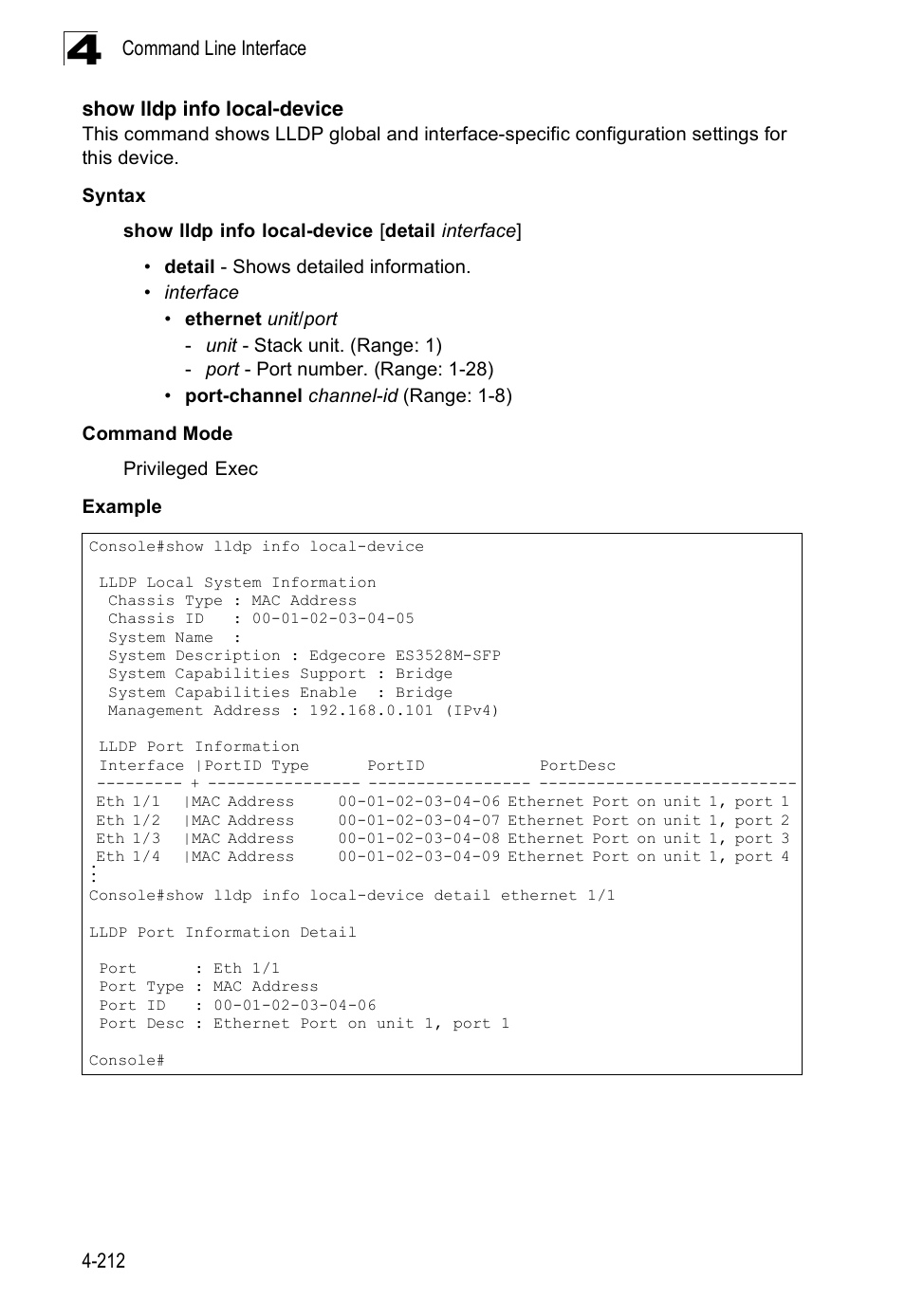 Show lldp info local-device | Accton Technology Edge-corE Fast Ethernet Switch ES3528M-SFP User Manual | Page 508 / 644