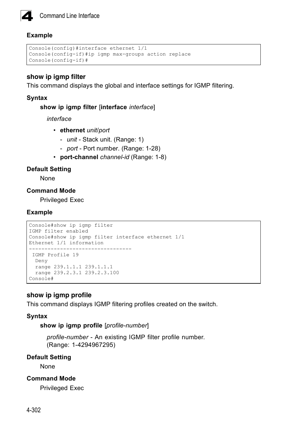 Show ip igmp filter, Show ip igmp profile | Accton Technology Edge-corE Fast Ethernet Switch ES3528M-SFP User Manual | Page 598 / 644