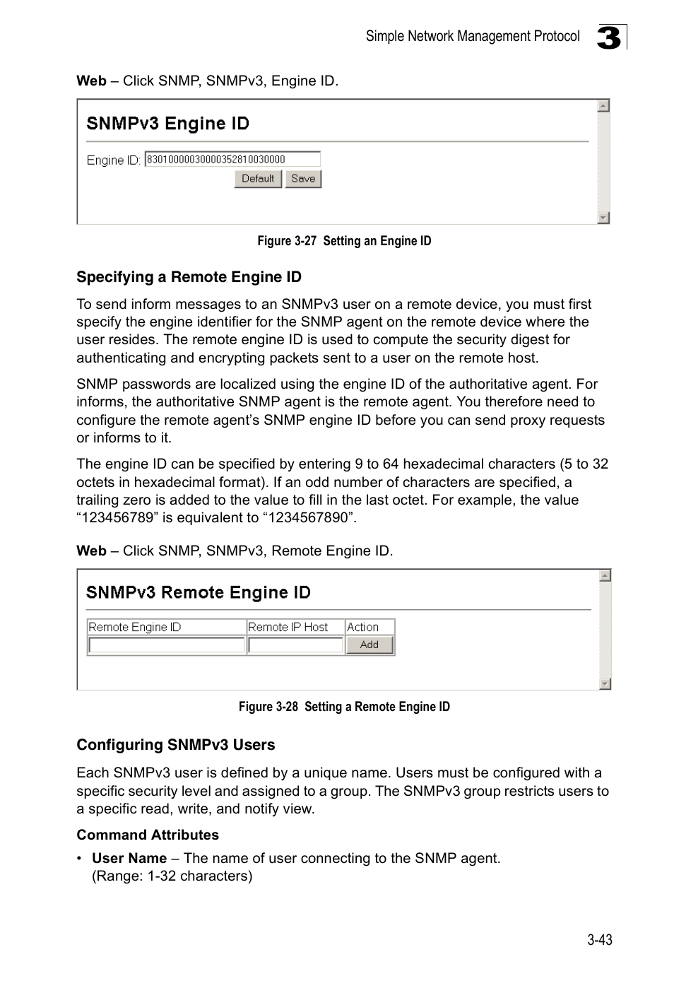 Configuring snmpv3 users, Specifying a remote engine id, Figure 3-27 setting an engine id | Figure 3-28 setting a remote engine id | Accton Technology Edge-corE Fast Ethernet Switch ES3528M-SFP User Manual | Page 93 / 644