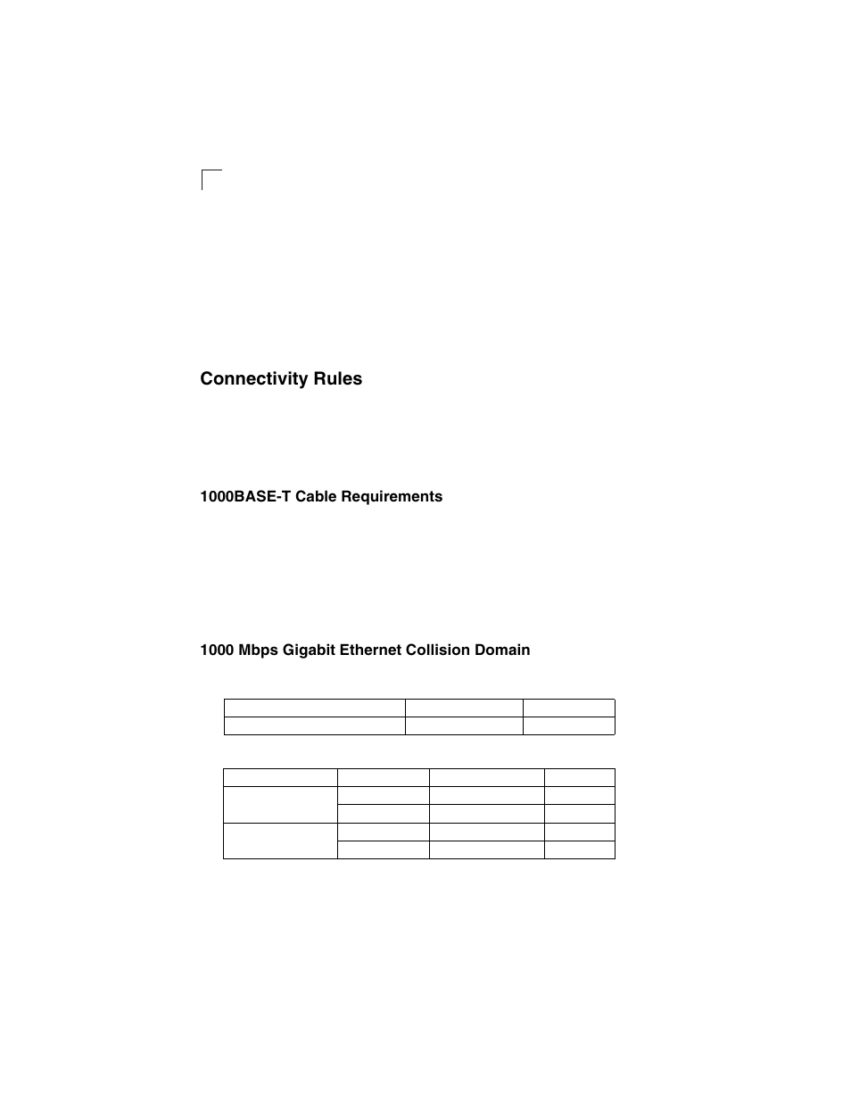 Connectivity rules, 1000base-t cable requirements, 1000 mbps gigabit ethernet collision domain | Table 4-1, Maximum 1000base-t gigabit ethernet cable length, Table 4-2, Maximum 1000base-sx gigabit ethernet cable length | Accton Technology ES3628EA User Manual | Page 42 / 62