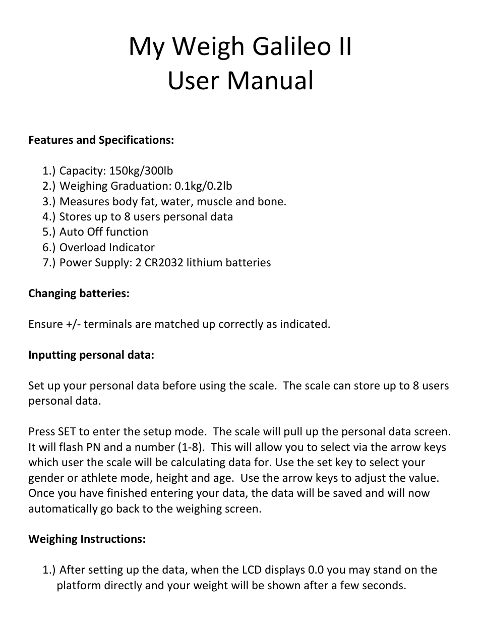 MyWeigh GALILEO 2 User Manual | 3 pages