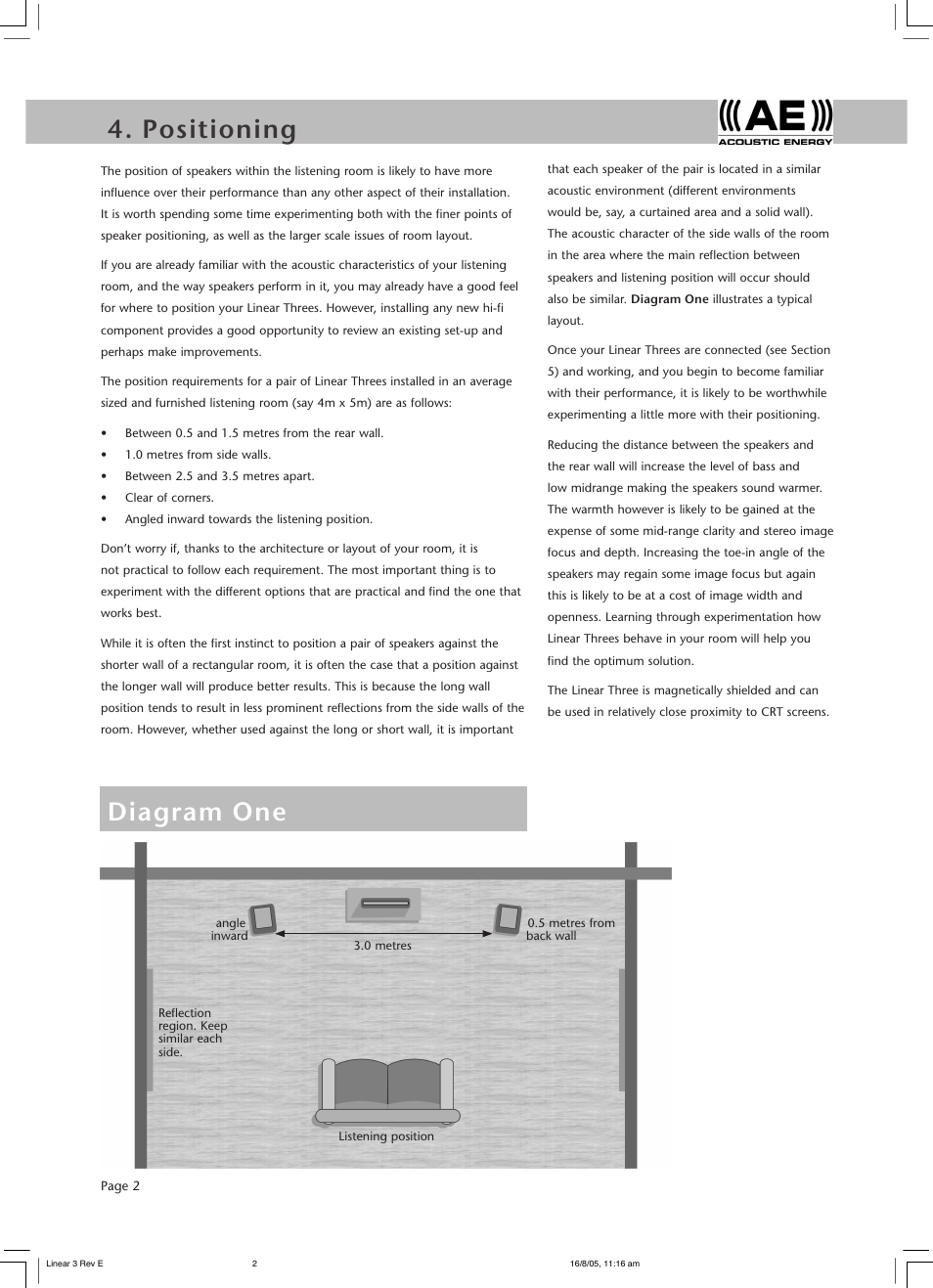 Positioning 5. connecting, Diagram one | Acoustic Energy Aegis Evo Series User Manual | Page 4 / 8