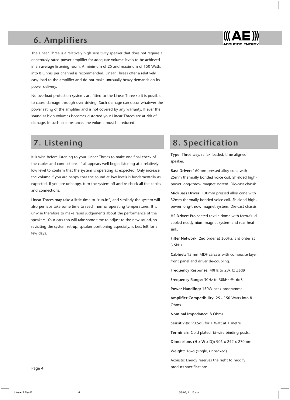 Amplifiers 9. the linear range, Listening 8. specification | Acoustic Energy Aegis Evo Series User Manual | Page 6 / 8