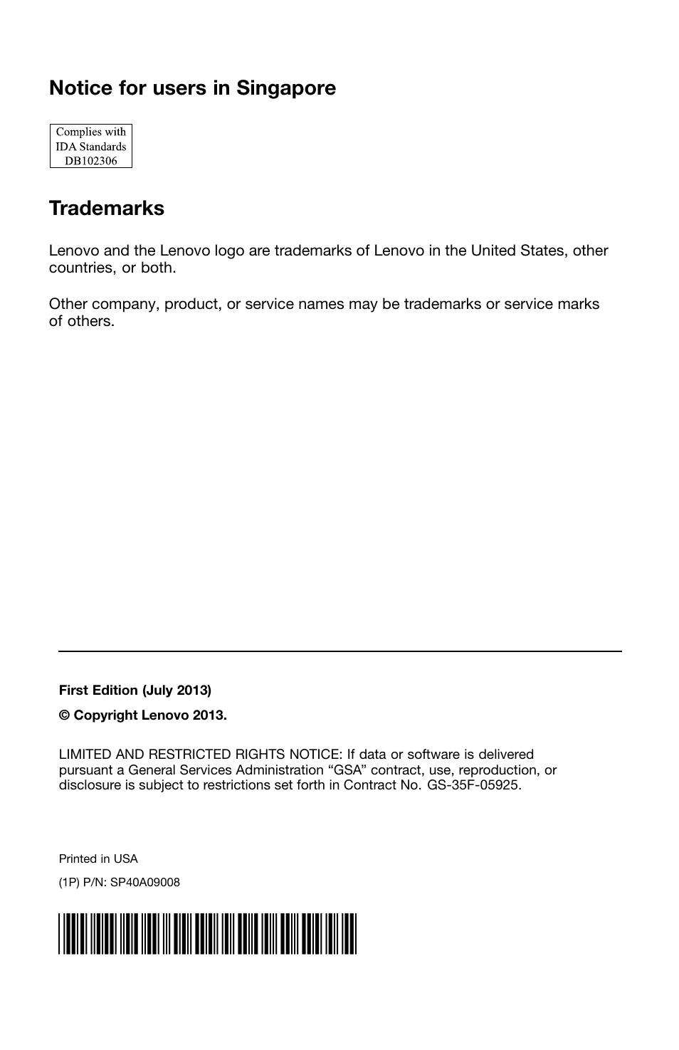 Notice for users in singapore, Trademarks, Notice for users in singapore trademarks | Lenovo 7260HMW wireless module User Manual | Page 2 / 2