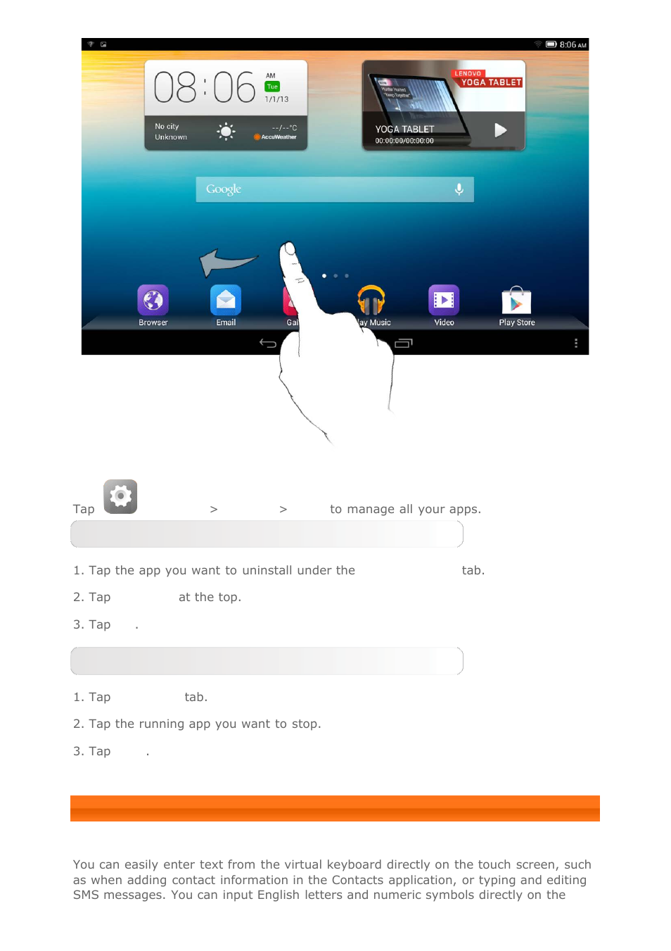 Entering text | Lenovo Yoga Tablet 8 B6000 User Manual | Page 8 / 27