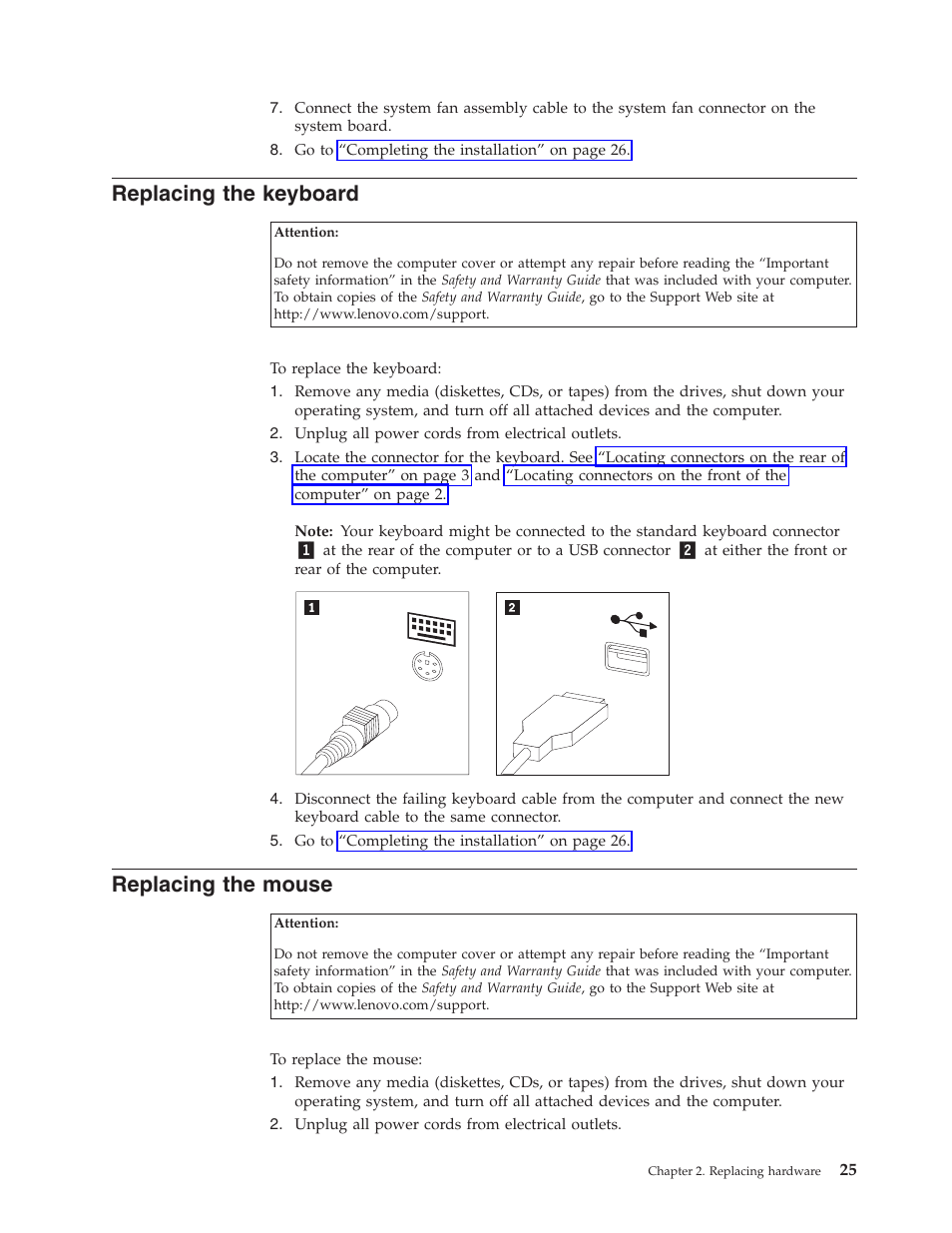 Replacing the keyboard, Replacing the mouse, Replacing | Keyboard, Mouse | Lenovo ThinkCentre A60 User Manual | Page 33 / 40
