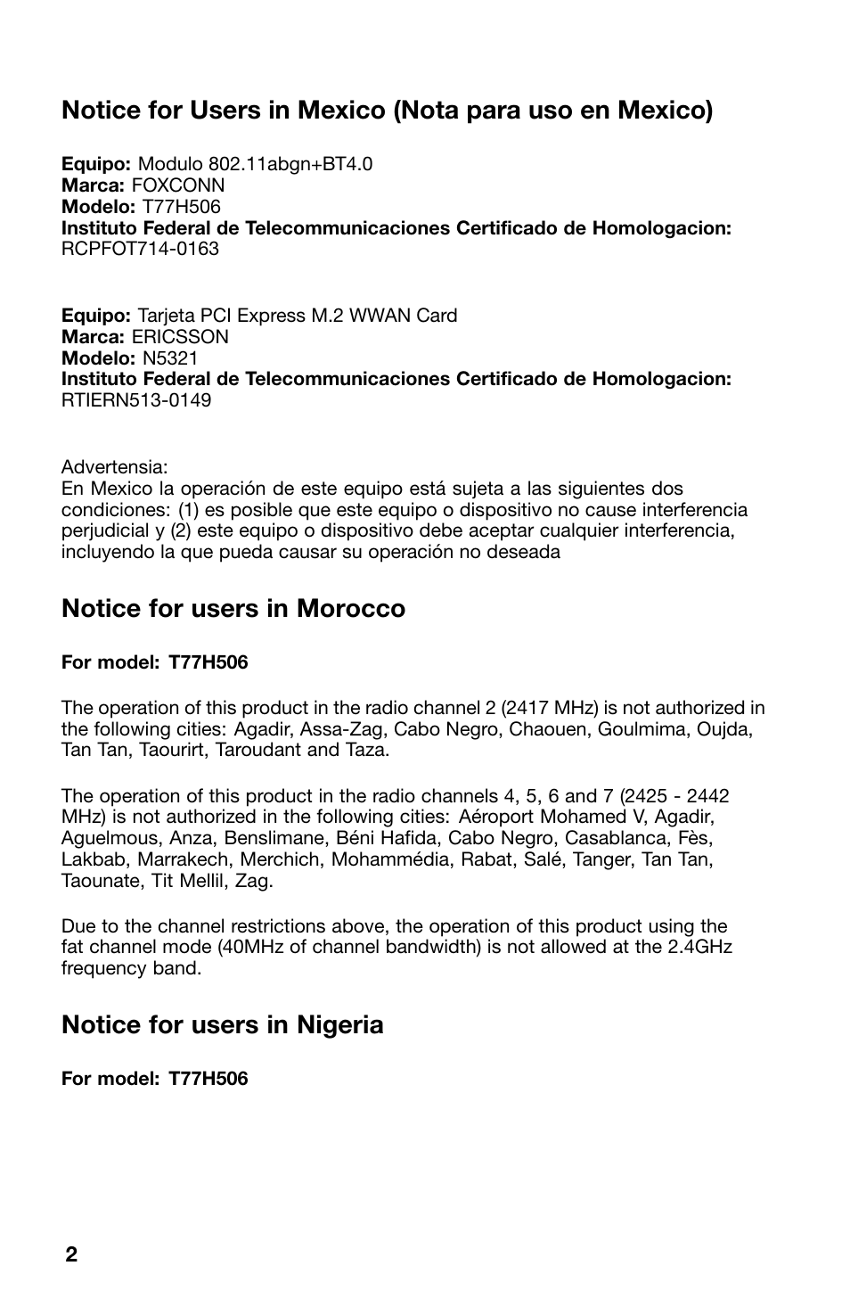 Notice for users in morocco, Notice for users in nigeria | Lenovo ThinkPad 10 User Manual | Page 2 / 8