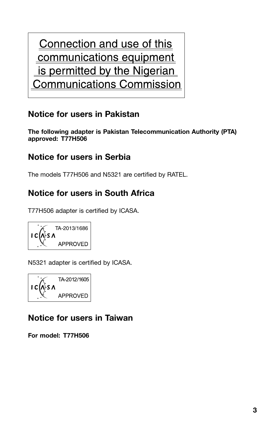 Notice for users in pakistan, Notice for users in serbia, Notice for users in south africa | Notice for users in taiwan | Lenovo ThinkPad 10 User Manual | Page 3 / 8