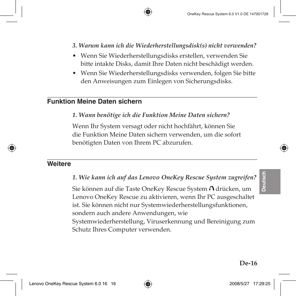 Funktion meine daten sichern, Weitere, Funktion meine daten sichern weitere | Lenovo IdeaPad Y710 User Manual | Page 101 / 138