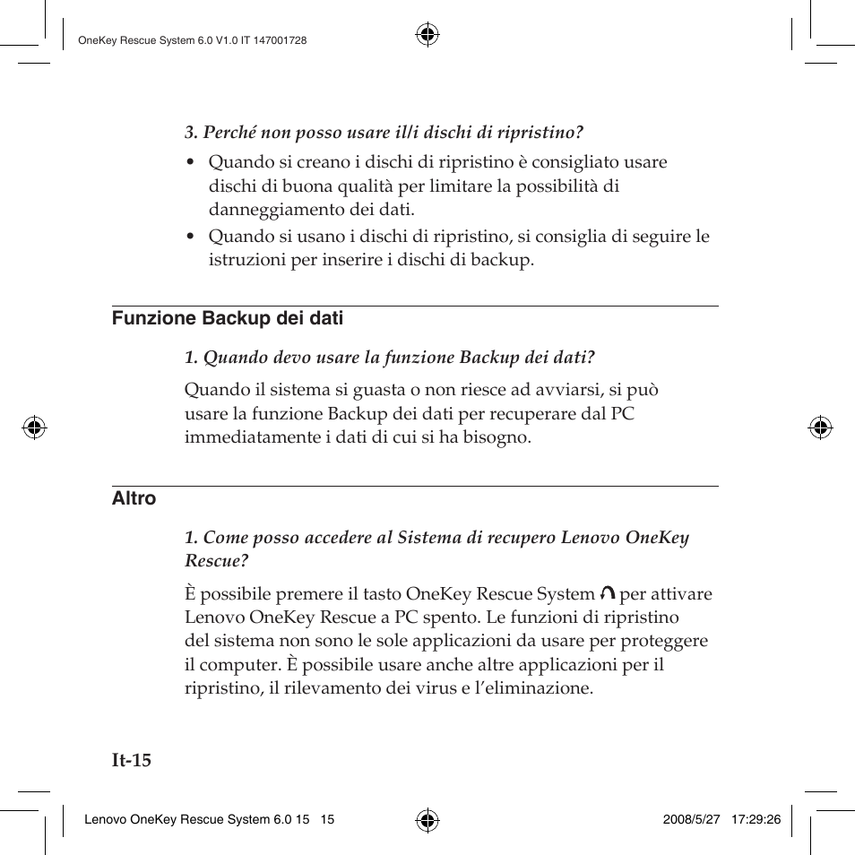 Funzione backup dei dati, Altro, Funzione backup dei dati altro | Lenovo IdeaPad Y710 User Manual | Page 118 / 138