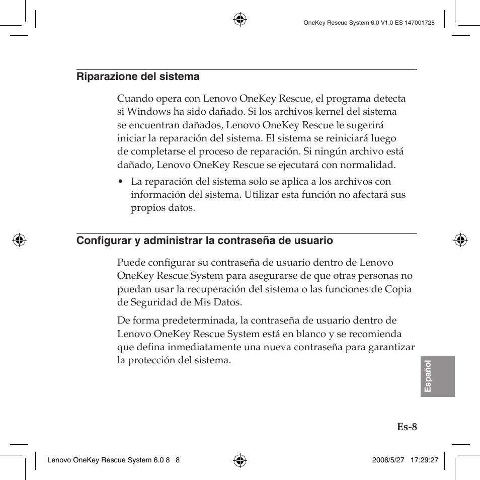Riparazione del sistema, Configurar y administrar la contraseña de usuario | Lenovo IdeaPad Y710 User Manual | Page 129 / 138