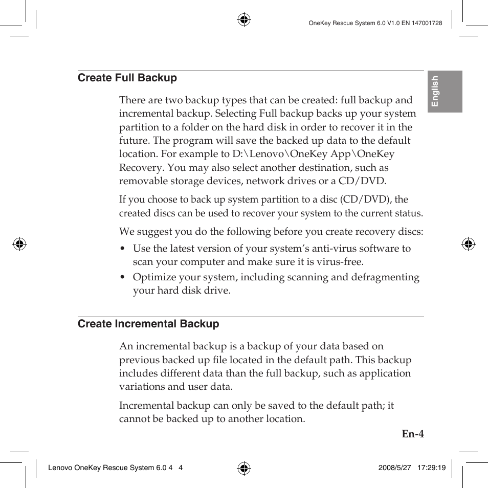 Create full backup, Create incremental backup, Create full backup create incremental backup | See create full backup, See create incremental backup | Lenovo IdeaPad Y710 User Manual | Page 7 / 138