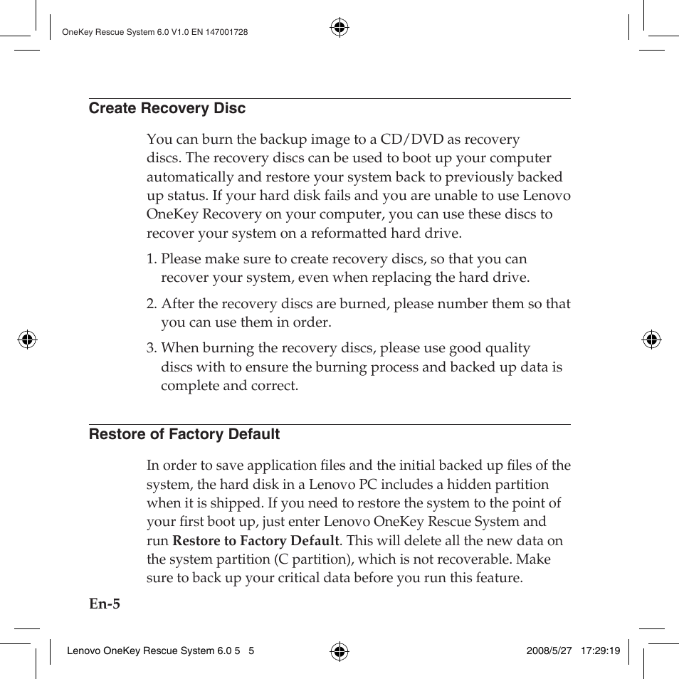 Create recovery disc, Restore of factory default, Create recovery disc restore of factory default | Lenovo IdeaPad Y710 User Manual | Page 8 / 138
