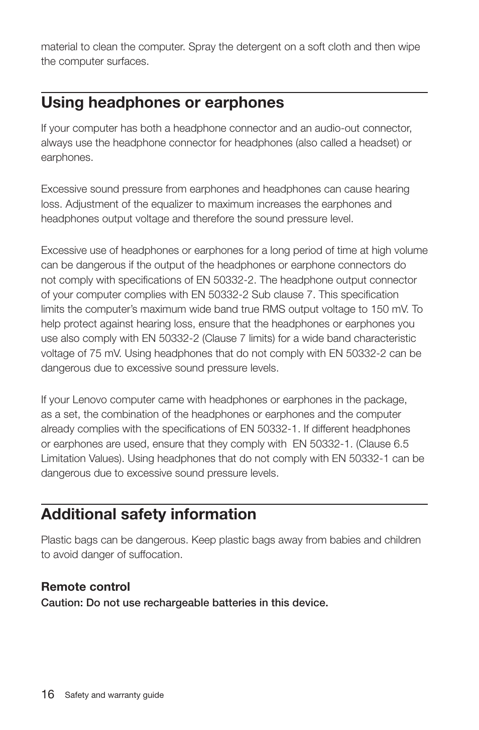 Using headphones or earphones, Additional safety information | Lenovo IdeaCentre K200 User Manual | Page 19 / 35