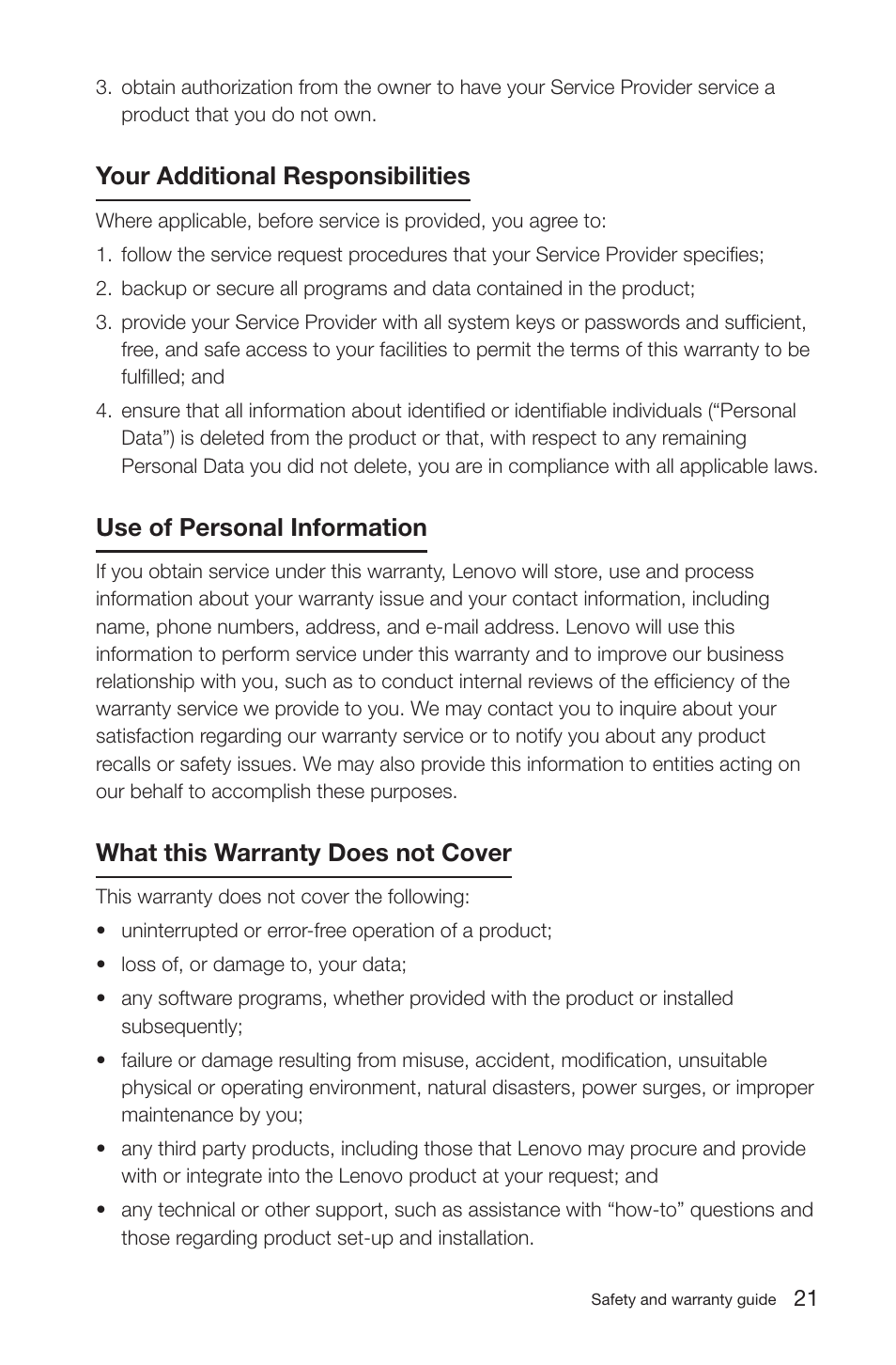 Your additional responsibilities, Use of personal information, What this warranty does not cover | Lenovo IdeaCentre K200 User Manual | Page 24 / 35