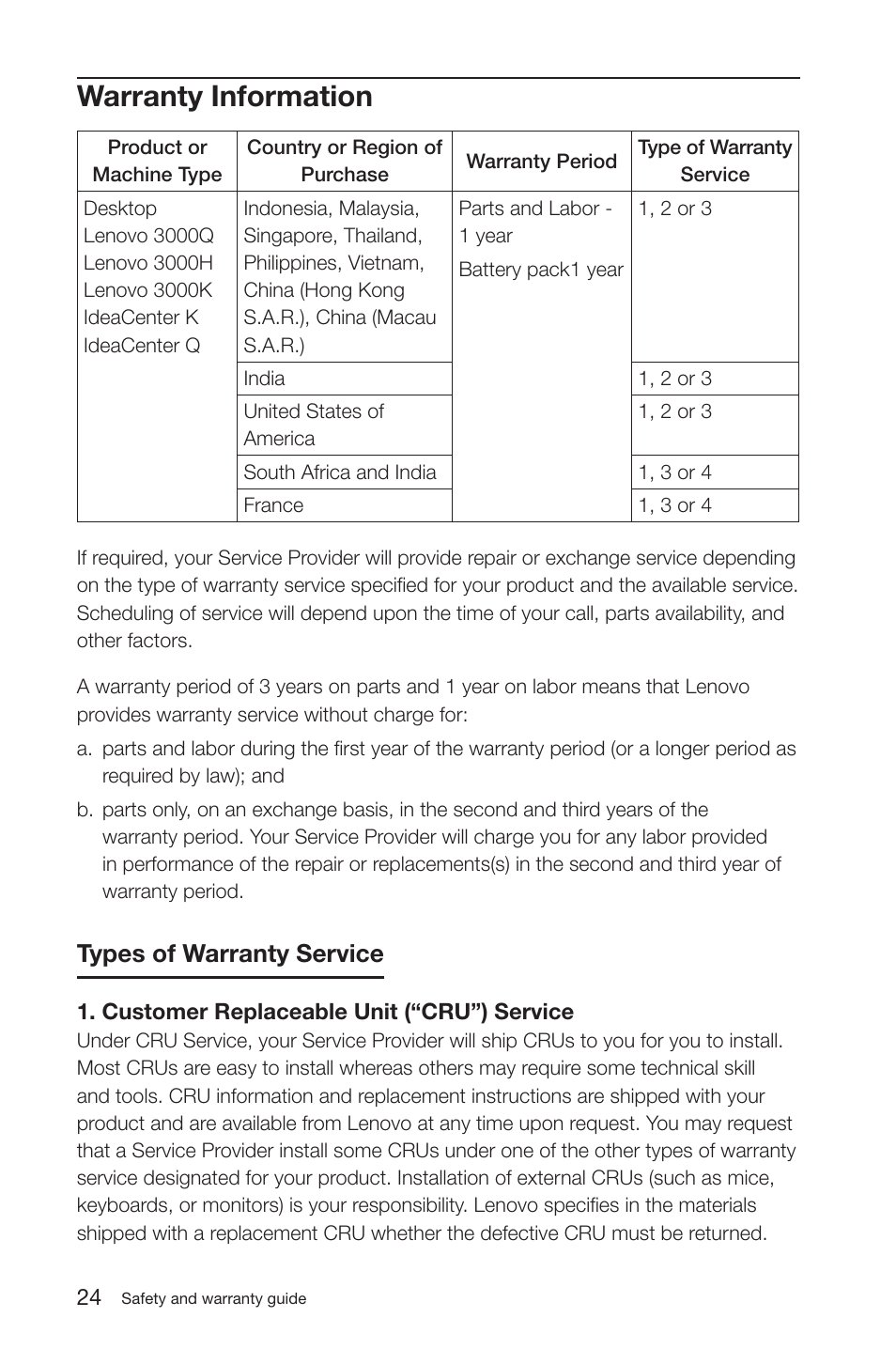 Warranty information, Types of warranty service | Lenovo IdeaCentre K200 User Manual | Page 27 / 35