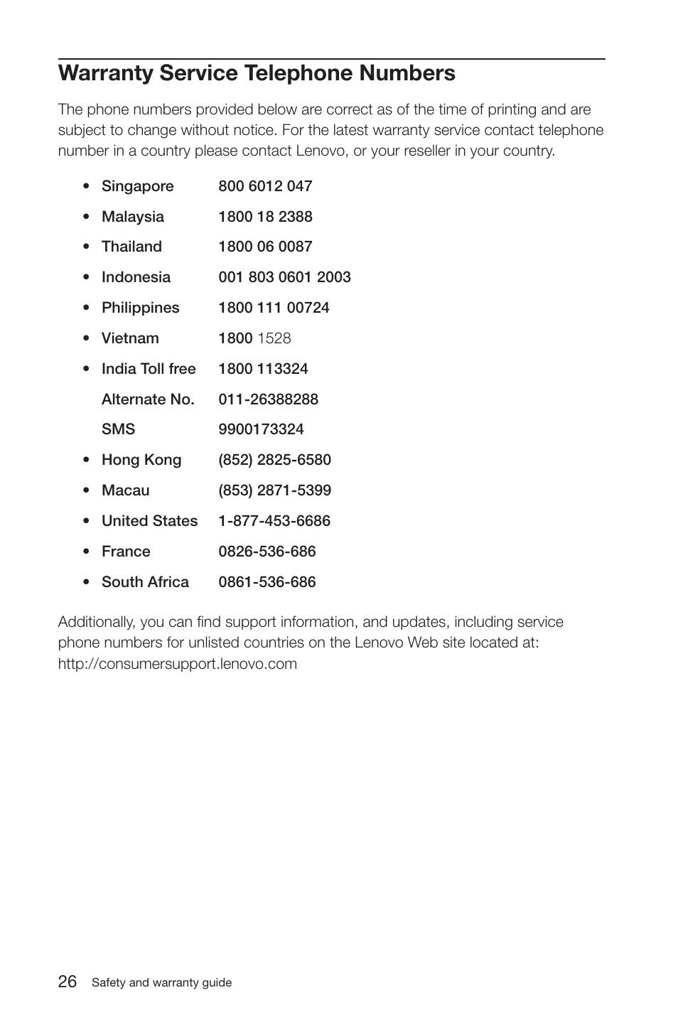 Warranty service telephone numbers | Lenovo IdeaCentre K200 User Manual | Page 29 / 35