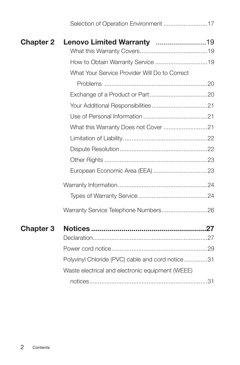 Chapter 2 lenovo limited warranty, Chapter 3 notices | Lenovo IdeaCentre K200 User Manual | Page 3 / 35