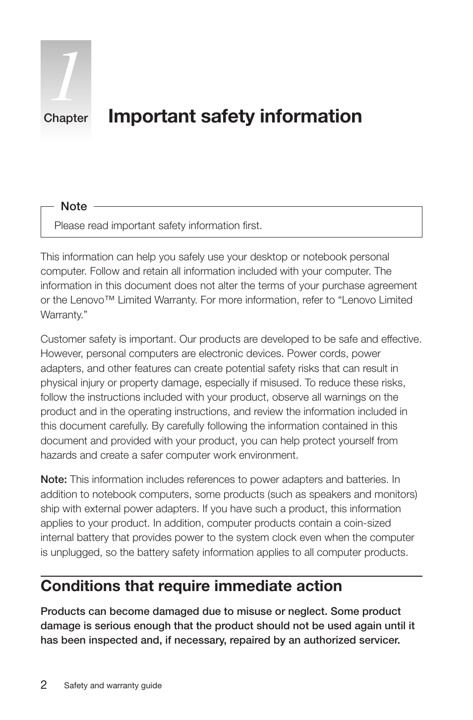 Important safety information, Conditions that require immediate action | Lenovo IdeaCentre K200 User Manual | Page 5 / 35