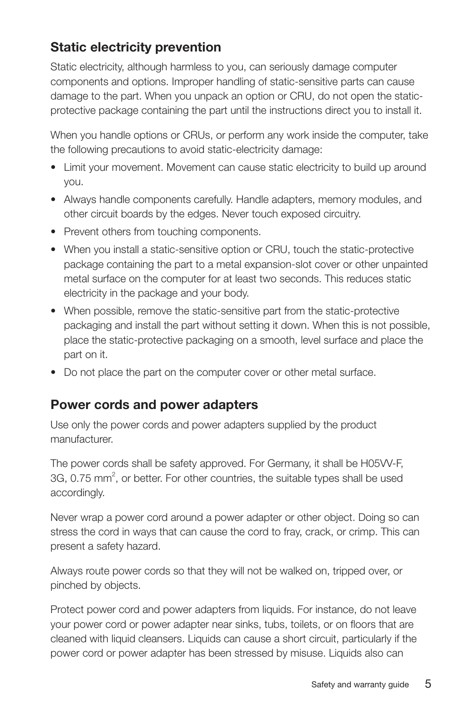 Static electricity prevention, Power cords and power adapters | Lenovo IdeaCentre K200 User Manual | Page 8 / 35