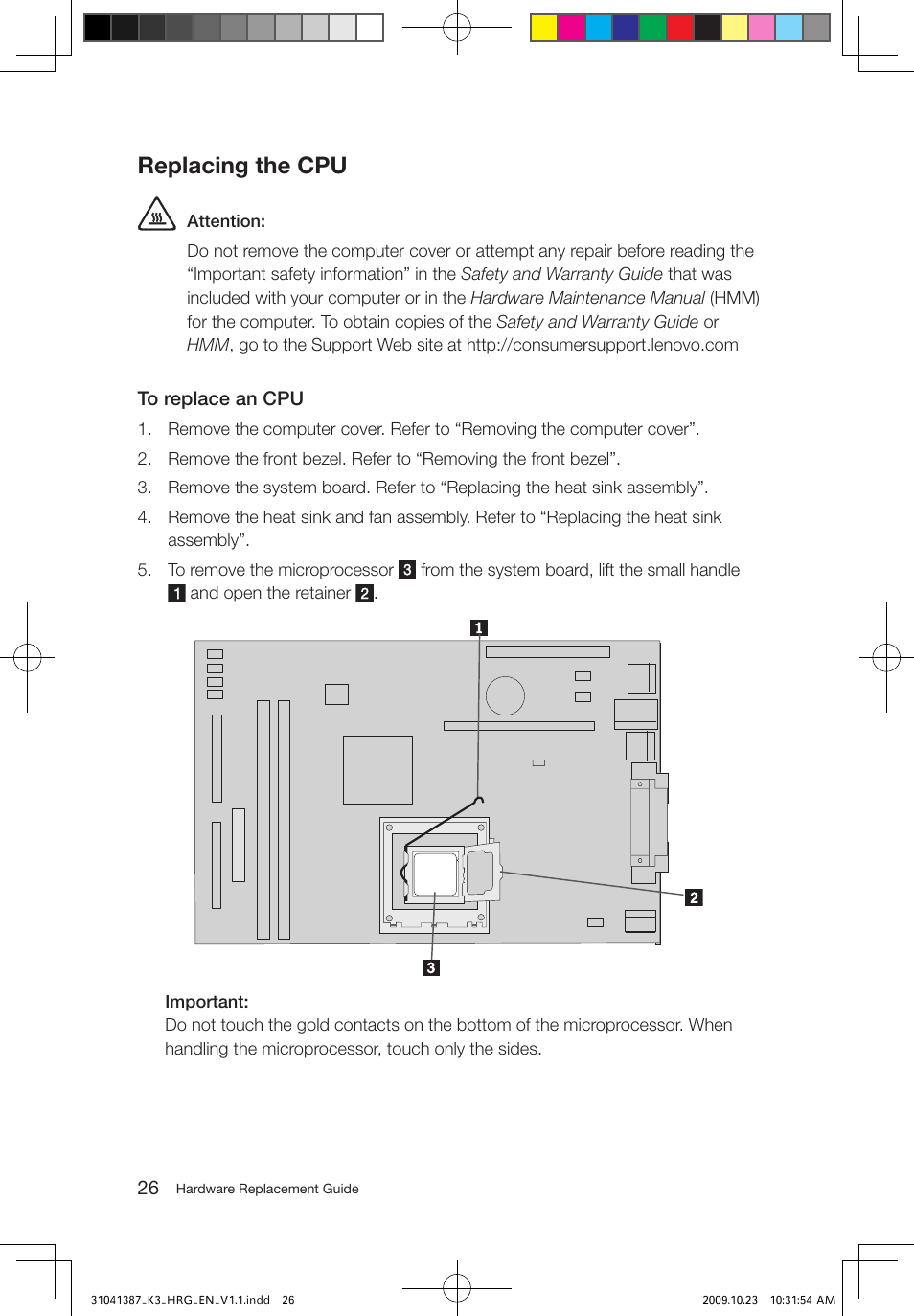 Replacing the cpu | Lenovo IdeaCentre K305 User Manual | Page 29 / 37