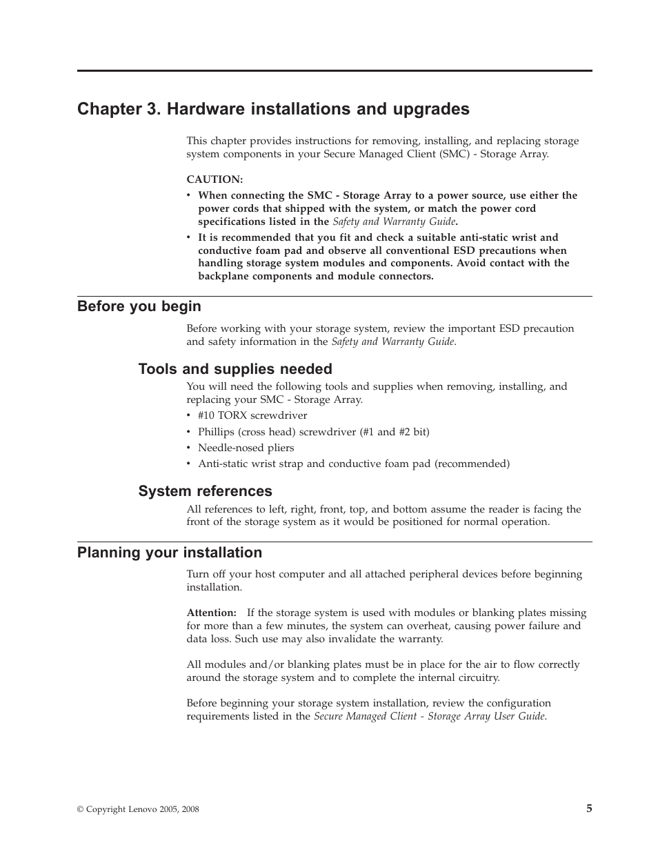 Chapter 3. hardware installations and upgrades, Before you begin, Tools and supplies needed | System references, Planning your installation, Chapter, Hardware, Installations, Upgrades, Before | Lenovo Secure Managed Client User Manual | Page 13 / 52