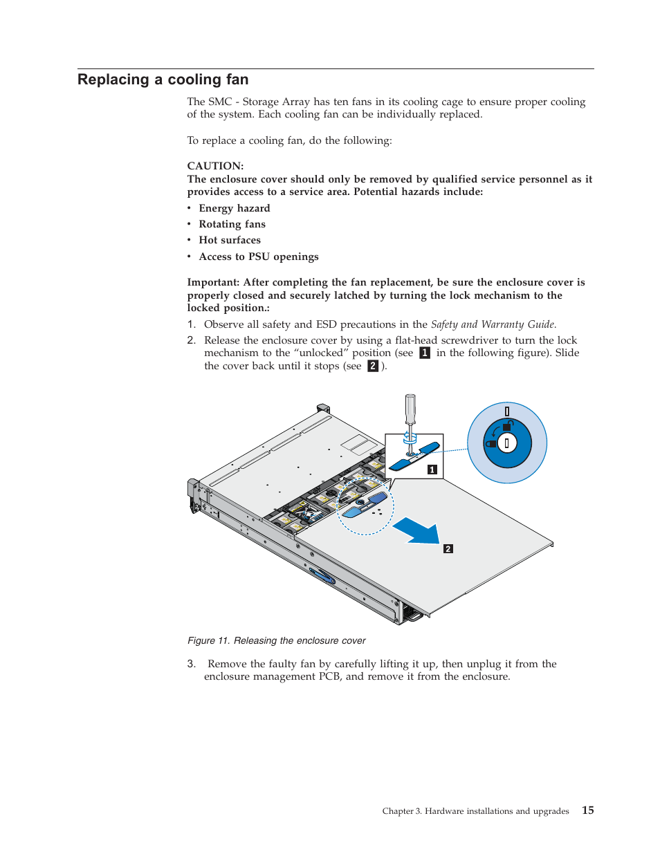 Replacing a cooling fan, Replacing, Cooling | Releasing, Enclosure, Cover | Lenovo Secure Managed Client User Manual | Page 23 / 52