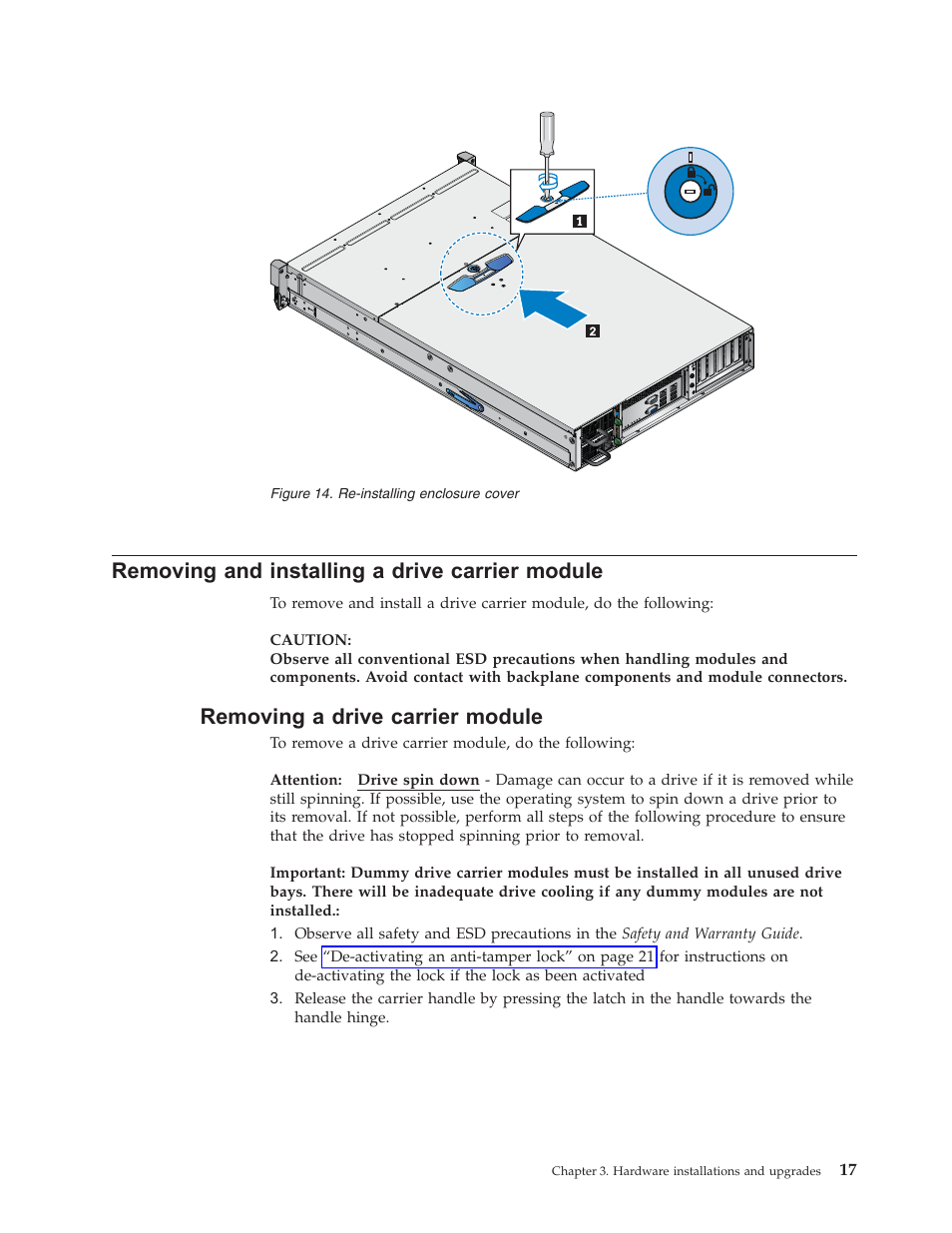 Removing and installing a drive carrier module, Removing a drive carrier module, Removing | Installing, Drive, Carrier, Module, Re-installing, Enclosure, Cover | Lenovo Secure Managed Client User Manual | Page 25 / 52