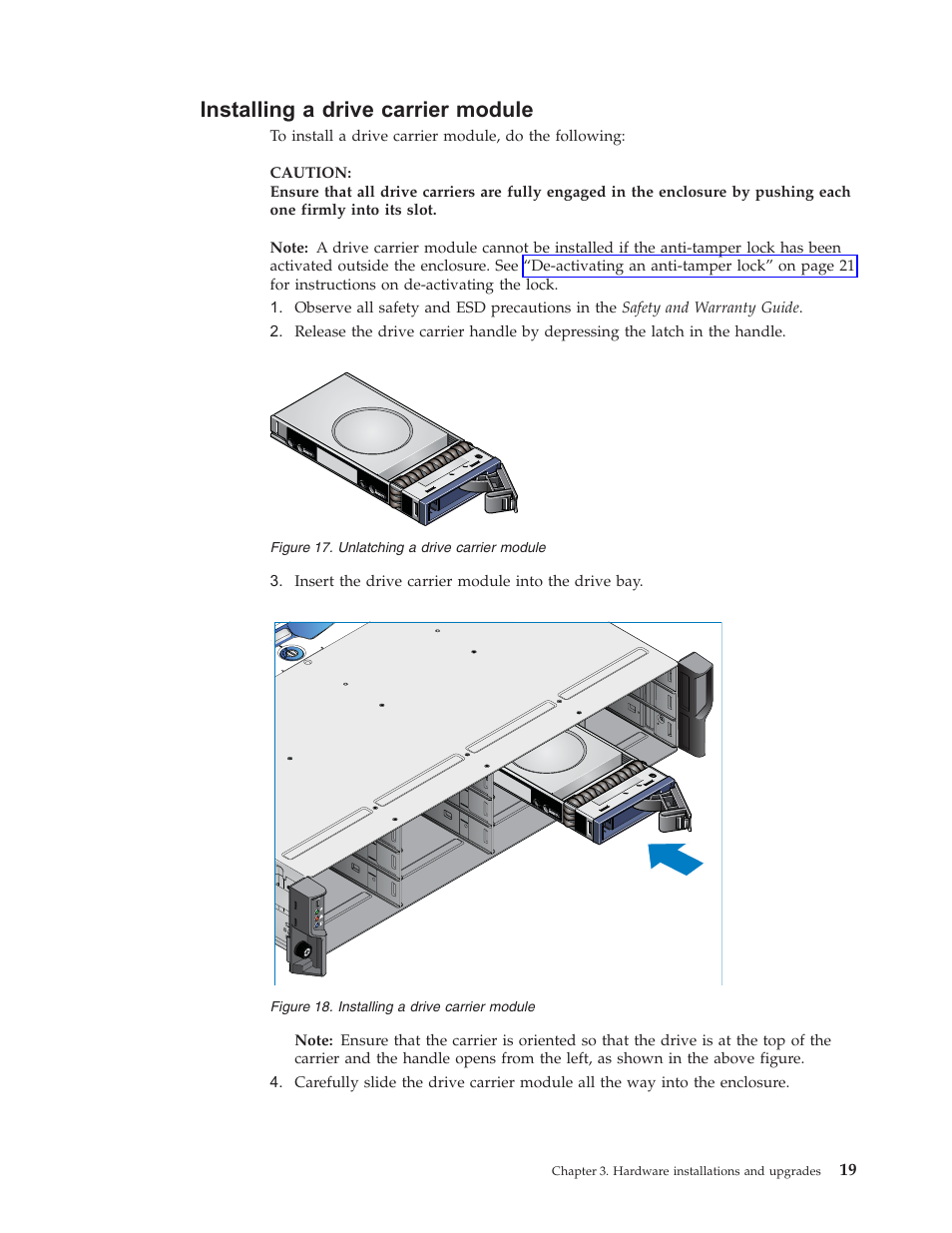 Installing a drive carrier module, Installing, Drive | Carrier, Module, Unlatching | Lenovo Secure Managed Client User Manual | Page 27 / 52