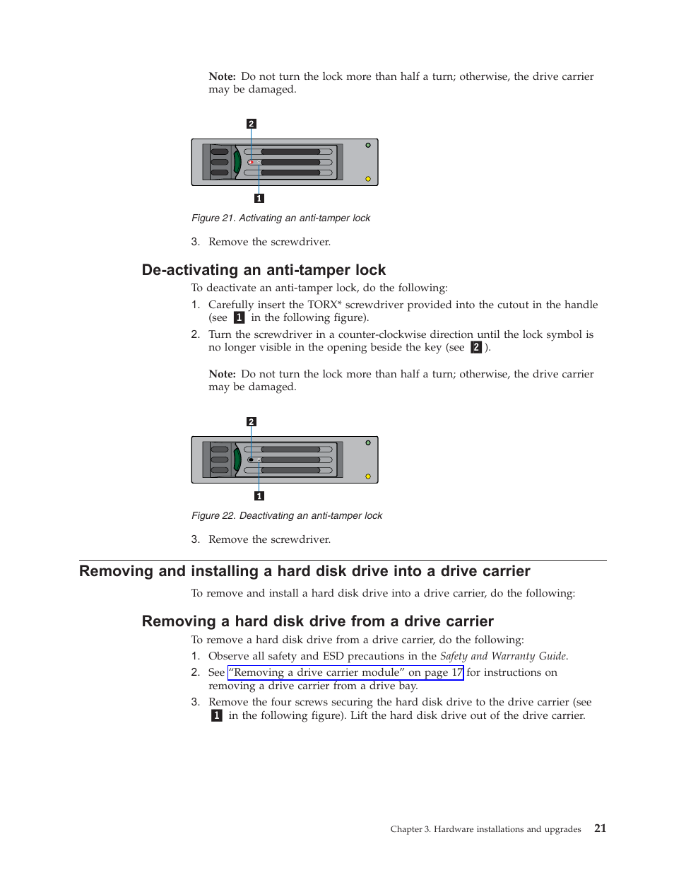 De-activating an anti-tamper lock, Removing a hard disk drive from a drive carrier, De-activating | Anti-tamper, Lock, Removing, Installing, Hard, Disk, Drive | Lenovo Secure Managed Client User Manual | Page 29 / 52