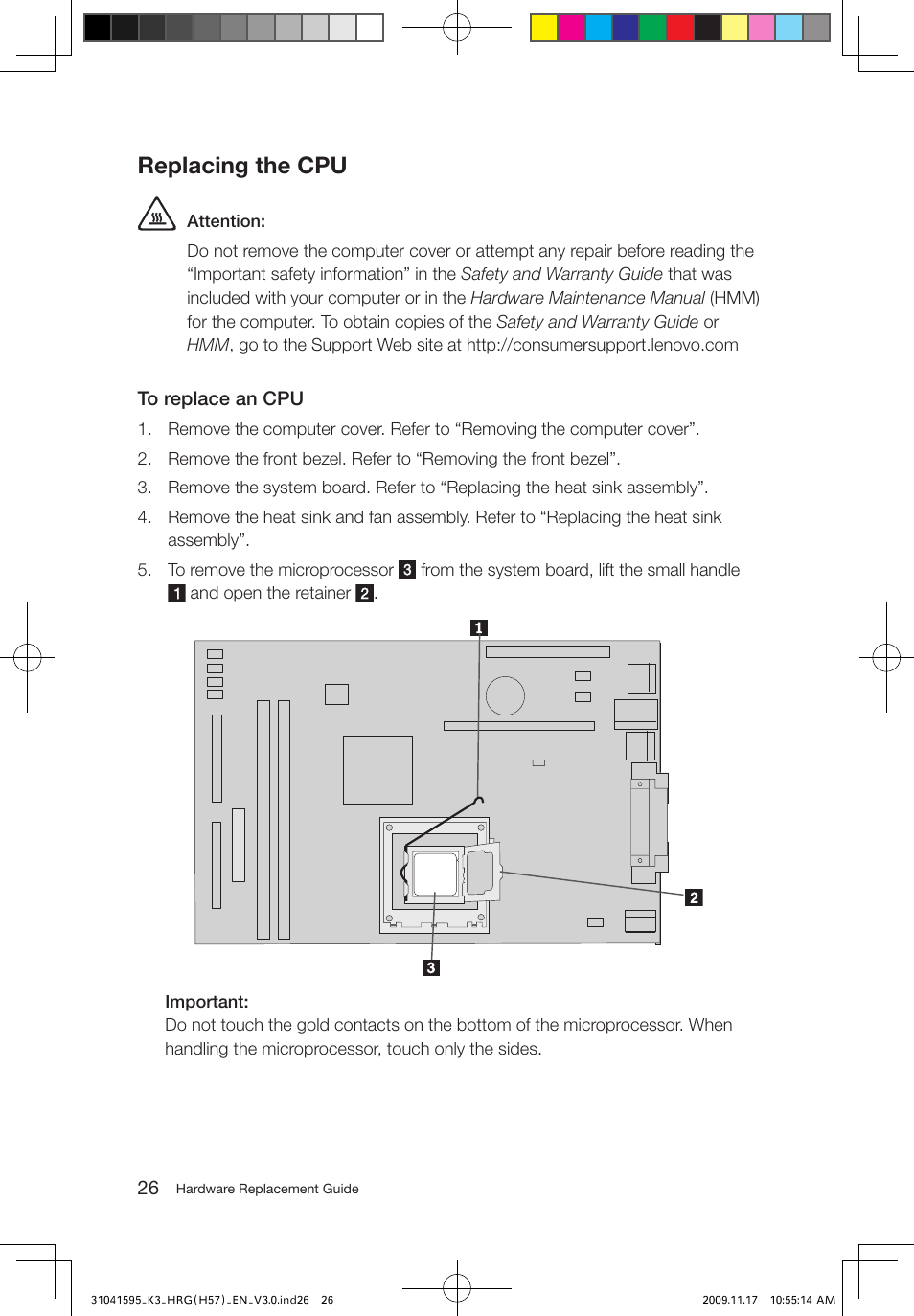 Replacing the cpu | Lenovo IdeaCentre K320 User Manual | Page 29 / 37