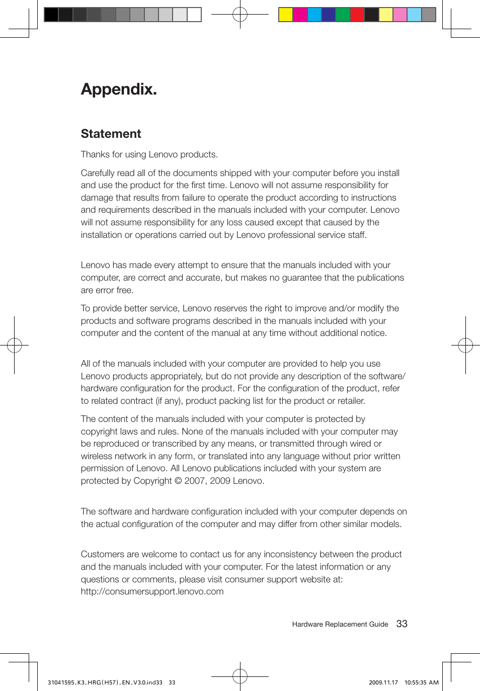 Appendix, Statement | Lenovo IdeaCentre K320 User Manual | Page 36 / 37