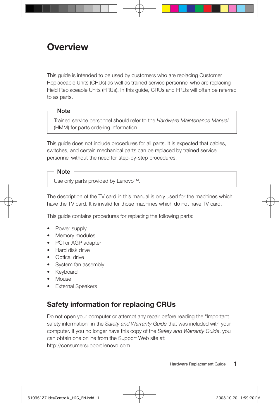 Overview, Safety information for replacing crus | Lenovo IdeaCentre K220 User Manual | Page 4 / 37