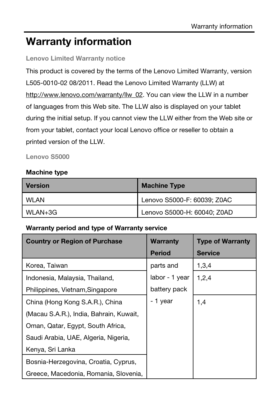 Warranty information | Lenovo S5000 Tablet User Manual | Page 10 / 24