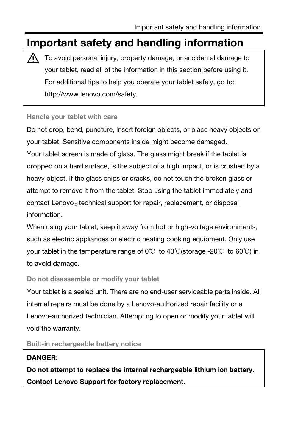 Important safety and handling information | Lenovo S5000 Tablet User Manual | Page 4 / 24