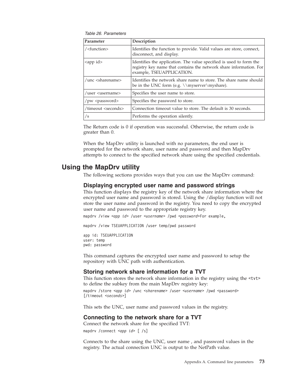 Using the mapdrv utility, Storing network share information for a tvt, Connecting to the network share for a tvt | Using, Mapdrv, Utility, Displaying, Encrypted, User, Name | Lenovo ThinkServer RS110 User Manual | Page 79 / 84